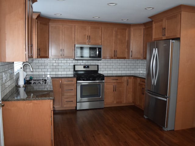 kitchen featuring dark stone countertops, dark hardwood / wood-style flooring, sink, and stainless steel appliances