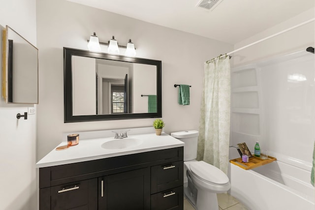 full bath with toilet, shower / bath combo, visible vents, and vanity