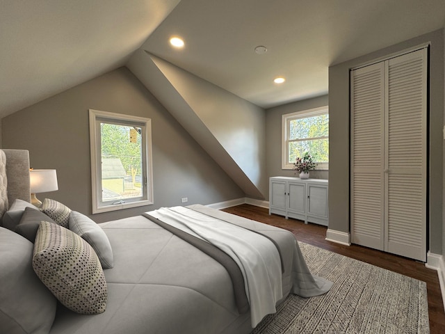 bedroom with lofted ceiling, hardwood / wood-style flooring, a closet, and multiple windows