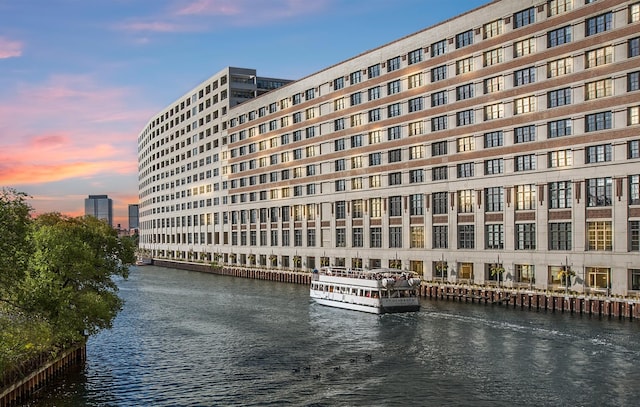 outdoor building at dusk with a water view