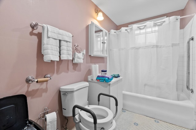 bathroom with shower / tub combo with curtain, tile patterned flooring, and toilet