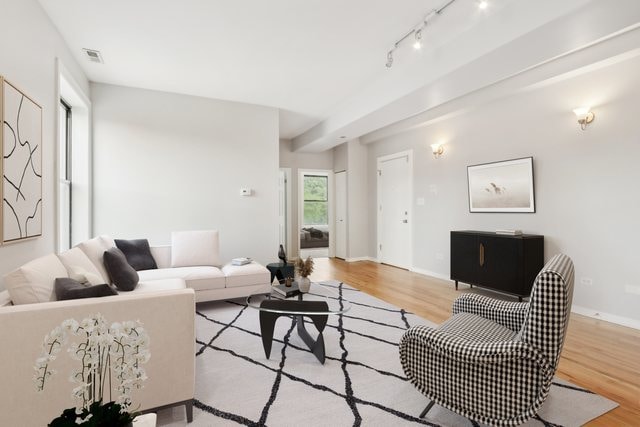 living room featuring light hardwood / wood-style flooring and rail lighting