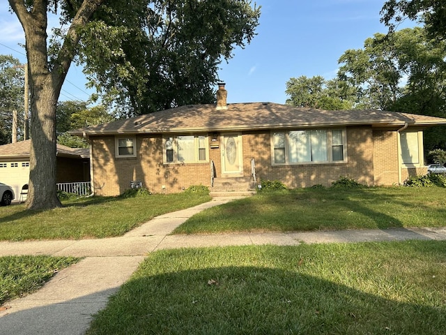 ranch-style house with a garage, brick siding, a chimney, and a front lawn