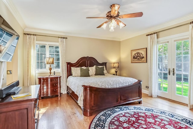 bedroom with access to outside, french doors, ceiling fan, light hardwood / wood-style floors, and crown molding