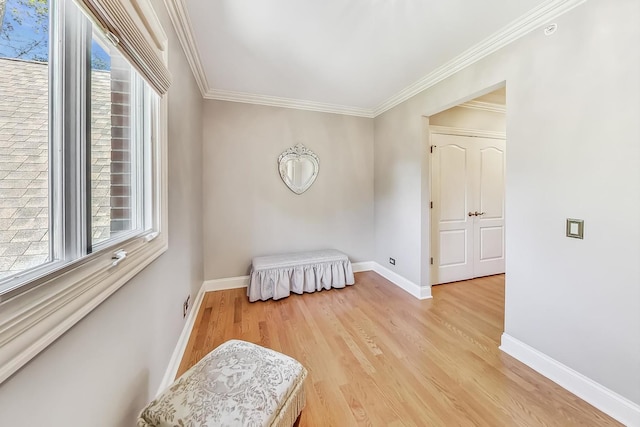 interior space featuring crown molding and light wood-type flooring