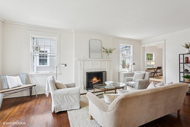 living room with dark wood-style floors, crown molding, and a lit fireplace