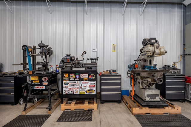 garage with a workshop area