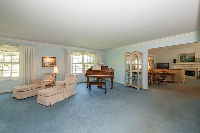 living room with a fireplace, carpet flooring, and ornamental molding