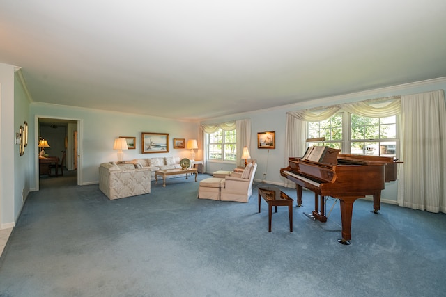 interior space with carpet floors and ornamental molding