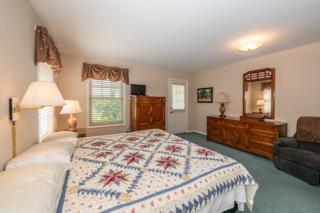 bedroom featuring dark colored carpet