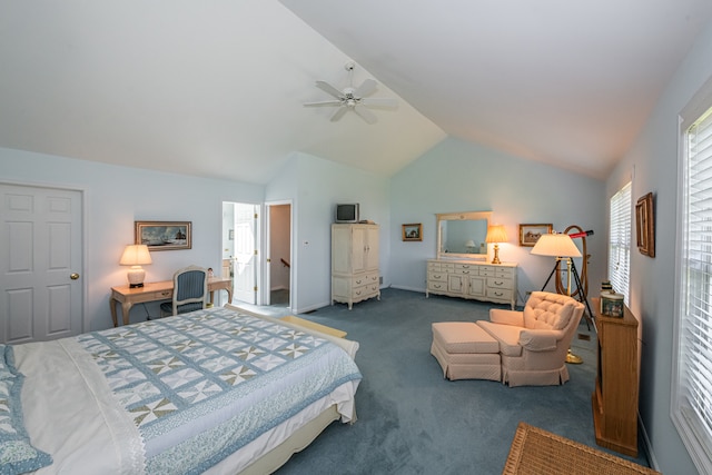 carpeted bedroom with ceiling fan, multiple windows, and lofted ceiling