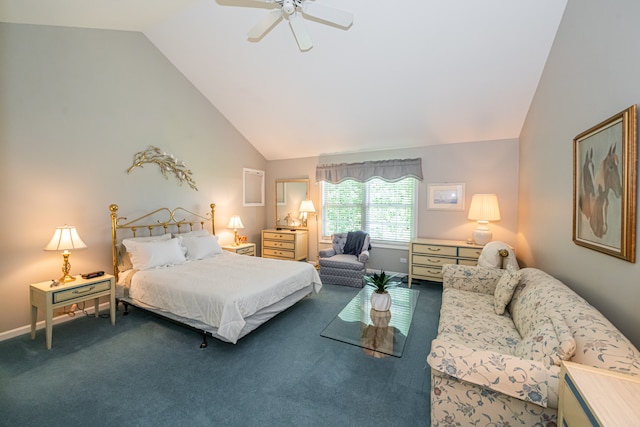 carpeted bedroom with high vaulted ceiling and ceiling fan