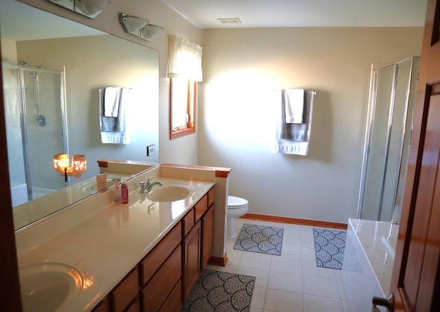 full bathroom with toilet, independent shower and bath, tile patterned flooring, and vanity