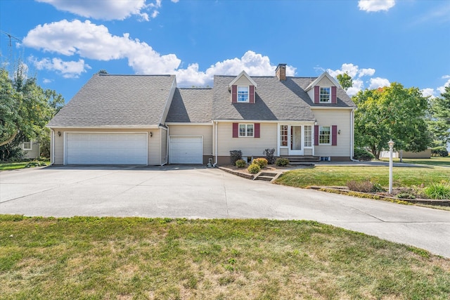 cape cod house with a front yard and a garage