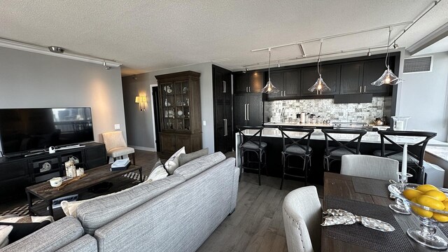 living room featuring dark wood-type flooring, rail lighting, and a textured ceiling