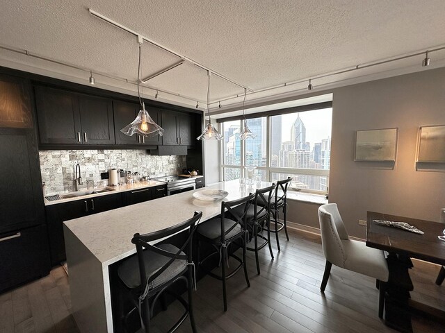 kitchen featuring hanging light fixtures, decorative backsplash, sink, rail lighting, and hardwood / wood-style flooring