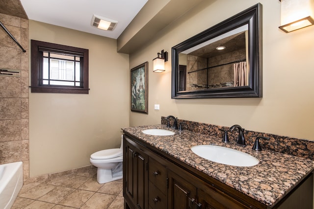 full bathroom with dual vanity, tile patterned floors, shower / tub combo, and toilet