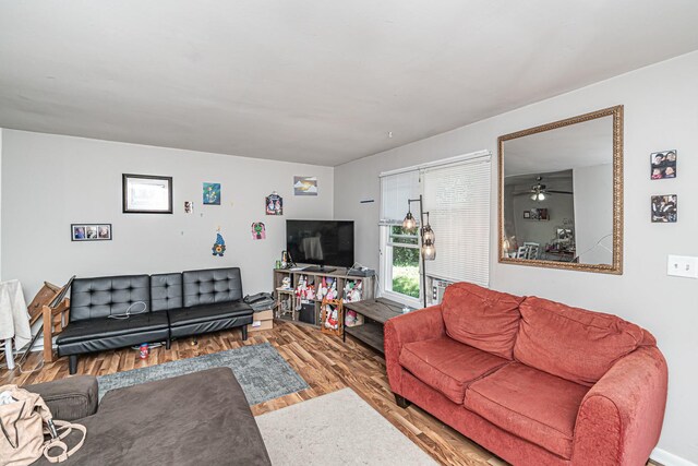 living room featuring ceiling fan and wood-type flooring