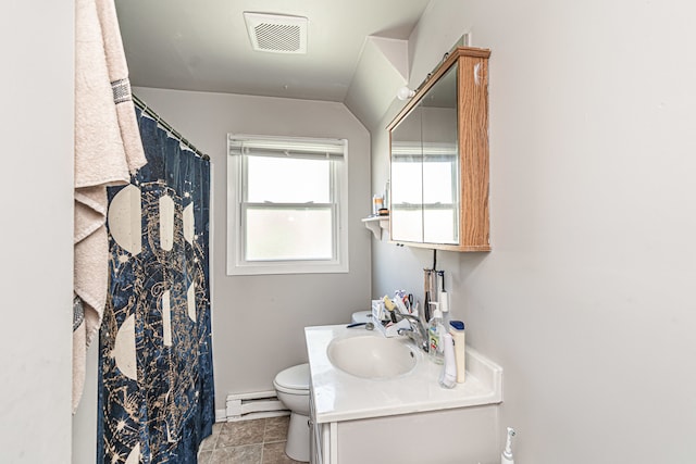 bathroom featuring vanity, a baseboard radiator, tile patterned flooring, and toilet