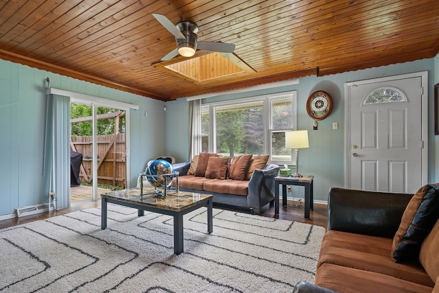 living room featuring plenty of natural light, wood ceiling, ceiling fan, and wood-type flooring