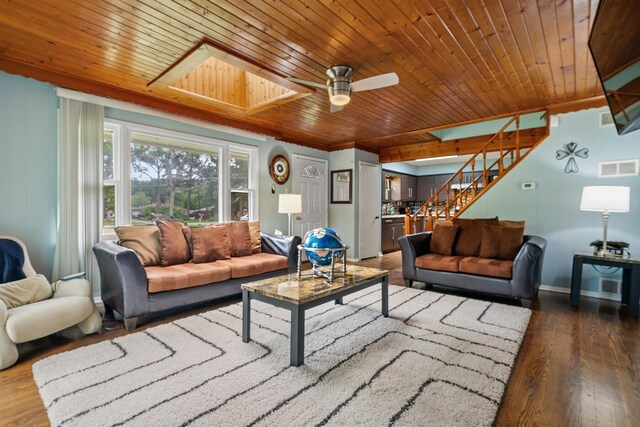 living room with wooden ceiling, wood-type flooring, and ceiling fan