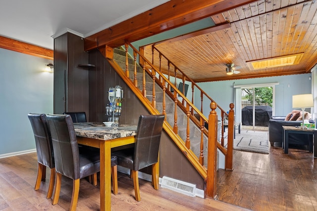 dining area with hardwood / wood-style flooring, ceiling fan, wooden ceiling, a skylight, and ornamental molding