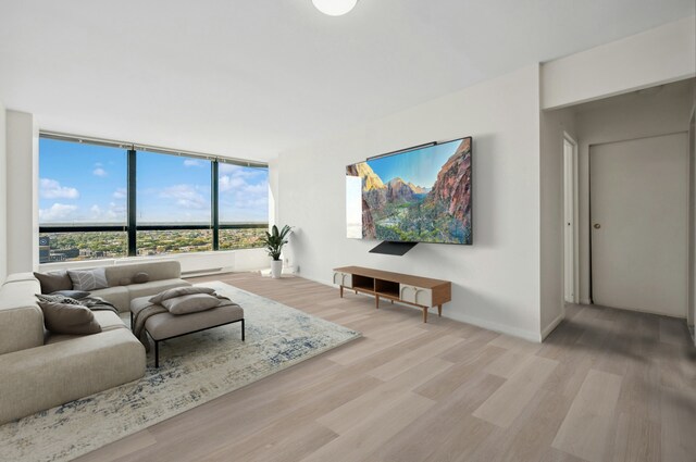 living area with light wood-style floors and expansive windows