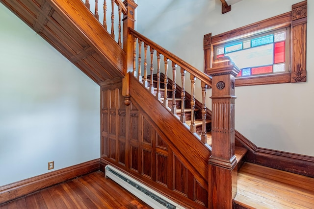 staircase featuring hardwood / wood-style flooring and a baseboard radiator