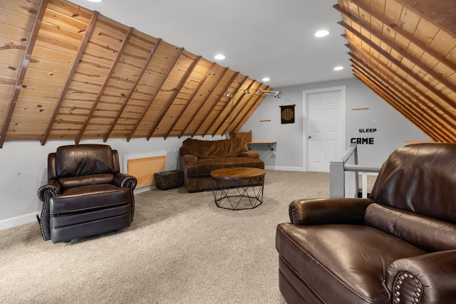 carpeted living room with wooden ceiling and lofted ceiling