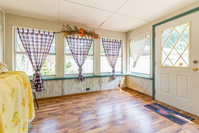 entrance foyer featuring a healthy amount of sunlight, wooden walls, and wood-type flooring