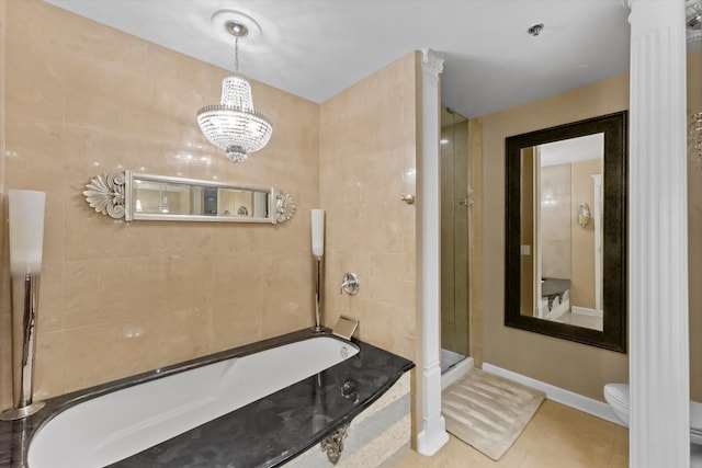 bathroom featuring tile walls, tile patterned flooring, separate shower and tub, and toilet