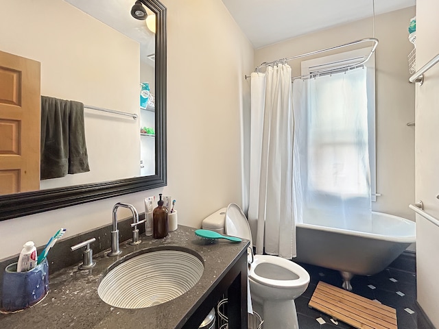 full bathroom with tile patterned floors, vanity, shower / bathtub combination with curtain, and toilet