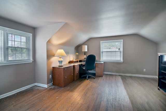 office space with lofted ceiling and dark hardwood / wood-style flooring