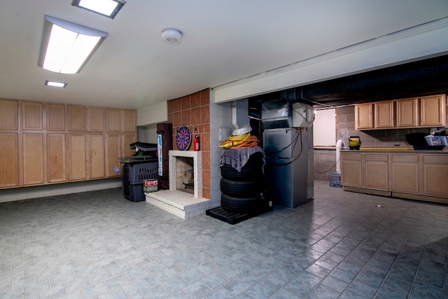 basement with a fireplace