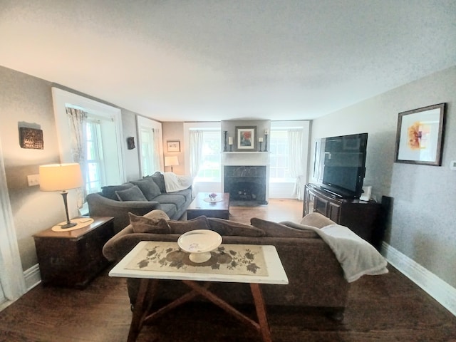 living room featuring a tiled fireplace and hardwood / wood-style floors