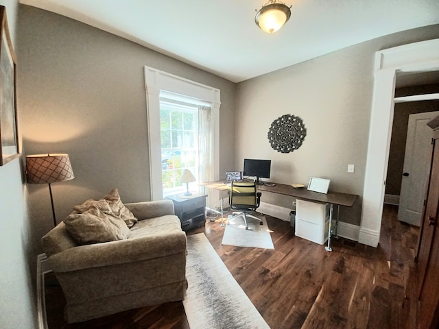 home office featuring dark wood-type flooring