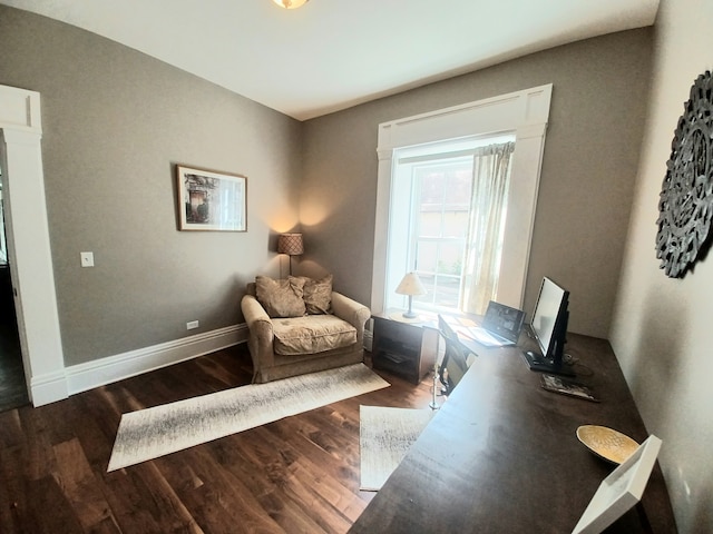 home office with hardwood / wood-style flooring