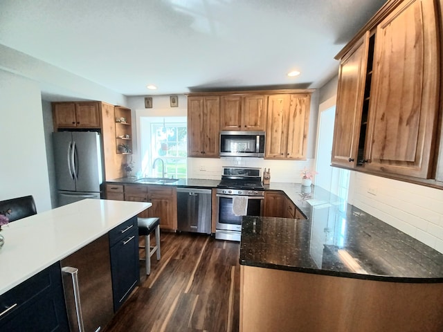 kitchen with sink, stainless steel appliances, dark stone countertops, dark hardwood / wood-style flooring, and decorative backsplash