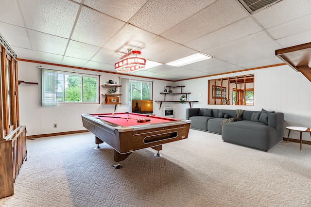 rec room featuring pool table, a drop ceiling, and carpet floors