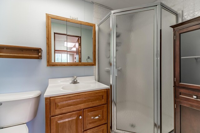 bathroom with walk in shower, toilet, and vanity