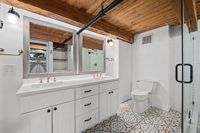 bathroom with an enclosed shower, tile patterned floors, wooden ceiling, toilet, and vanity