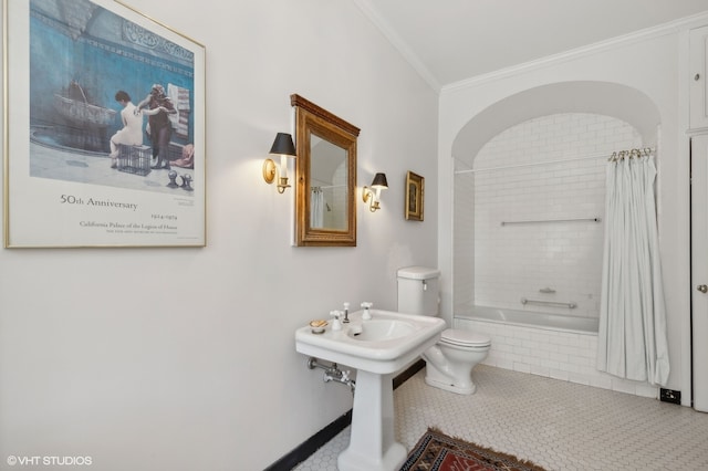 bathroom with ornamental molding, toilet, shower / tub combo with curtain, and tile patterned flooring