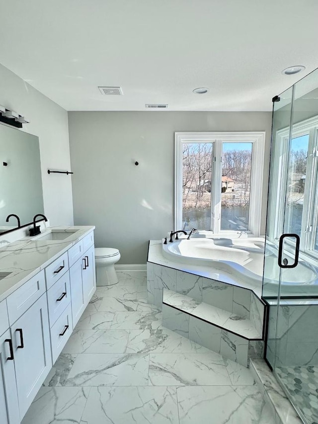 full bathroom featuring independent shower and bath, plenty of natural light, tile patterned flooring, and toilet