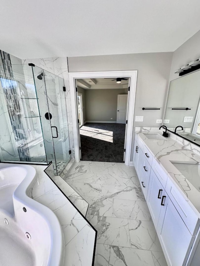 bathroom with a shower with shower door, double sink vanity, and tile patterned flooring