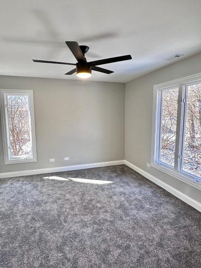 empty room featuring carpet, ceiling fan, and a healthy amount of sunlight