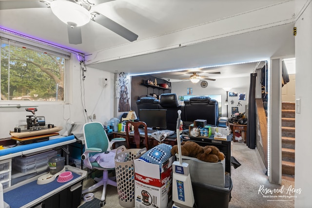 interior space with ceiling fan