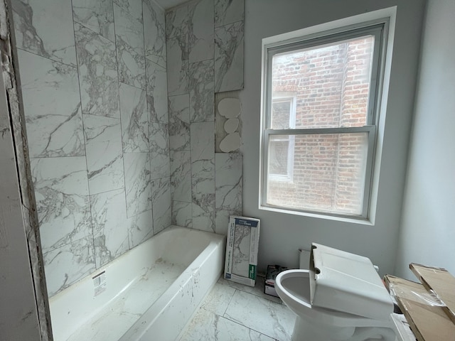 bathroom featuring a bathing tub, vanity, plenty of natural light, and toilet