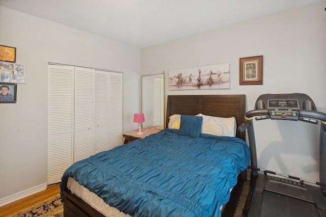 bedroom featuring a closet, baseboards, and wood finished floors