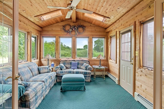 sunroom with baseboard heating, vaulted ceiling with skylight, wood ceiling, and ceiling fan