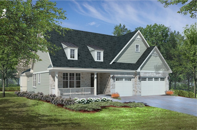 view of front facade with a garage, a porch, and a front yard